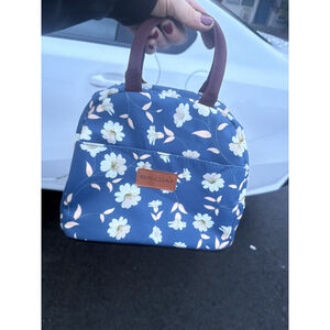 Balcray Insulated Lunch Tote Bag Cooler blue w/ why & pnk flowers, brn trim